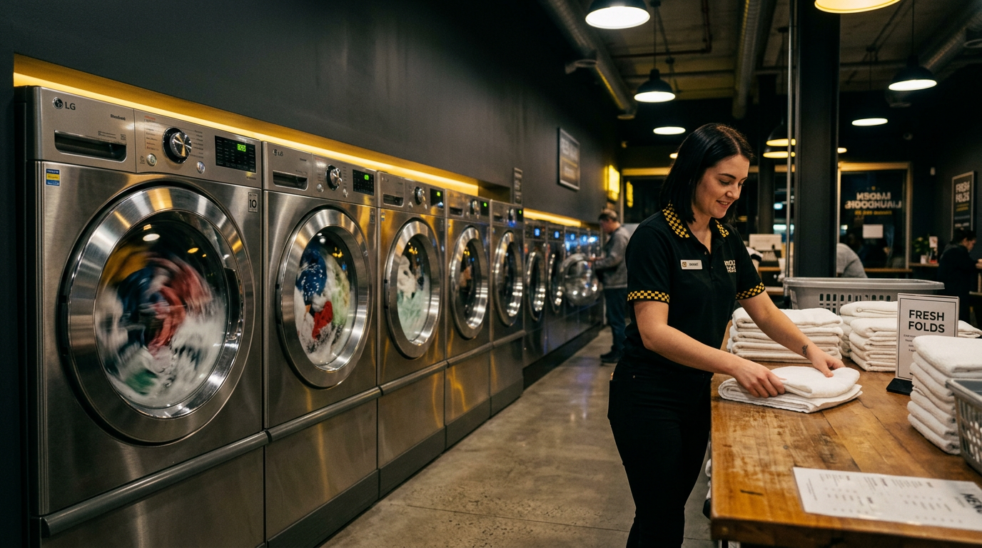 Laundry Cab team member folding fresh towels beside a row of spinning washing machines
